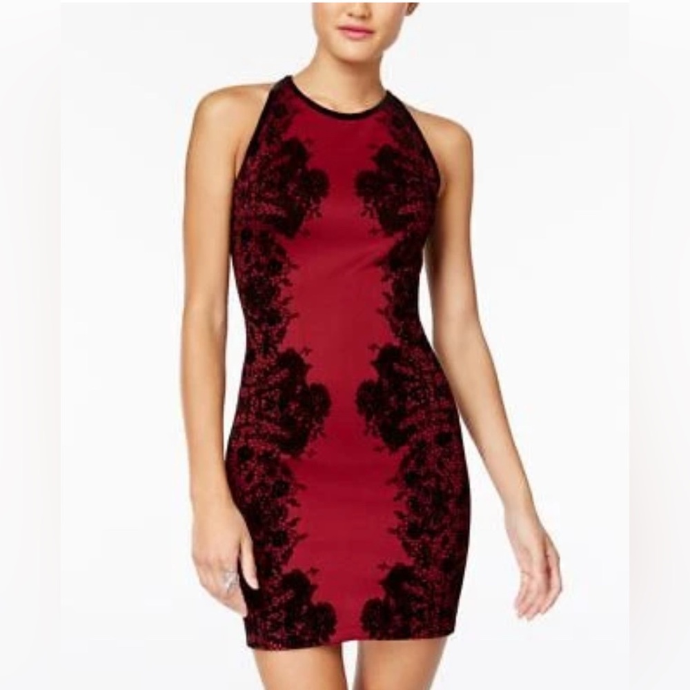 B. Darlin Flocked Velvet Bodycon Dress: Size 9/10. burgundy, velvet black color.
